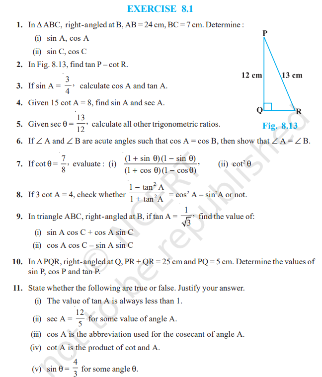 Rbse Solutions for Class 10 Maths Chapter 8 Exercise 8.1 | Introduction to Trigonometry